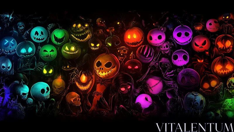 Multicolored jack-o-lantern skull collage on black background.