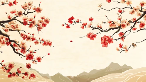 Cherry blossoms drift over stylized mountains in warm light.