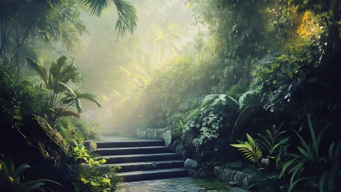 Sunlit Forest Path Through Jungle Vegetation.