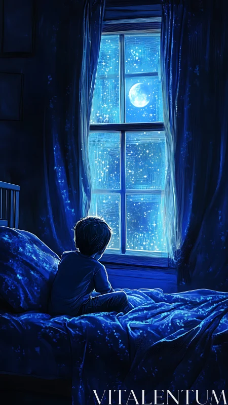 Moonlit child at the window wrapped in quiet blue wonder.