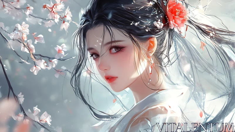 Woman in traditional dress stands among soft cherry blossoms