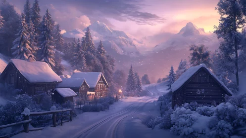Softly glowing winter village tucked in quiet mountain snow.