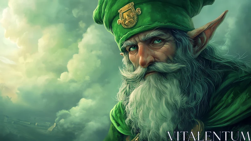Elderly elf wizard studies misty horizon with stern focus
