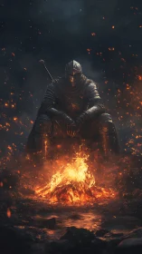 Armored figure sits before controlled campfire in dark void