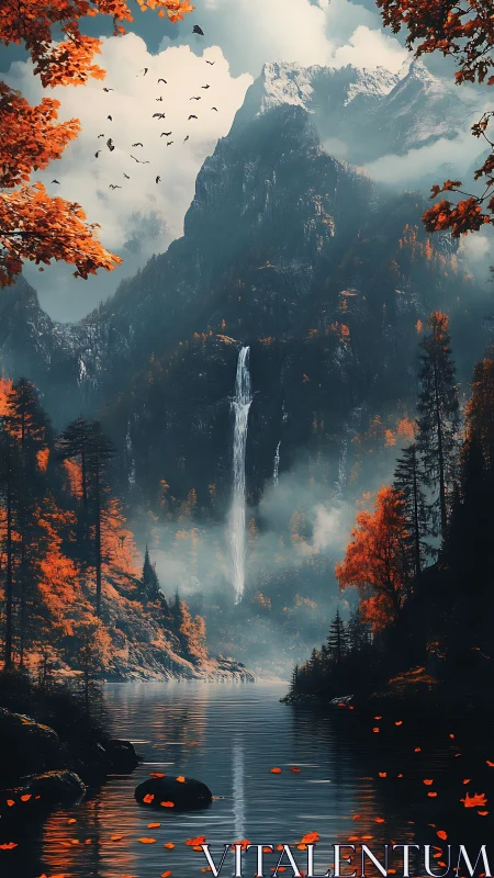 Mountain lake, distant waterfall and autumn forest scene.