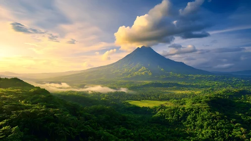Sunlit volcanic peak rises over lush emerald rainforest valley.