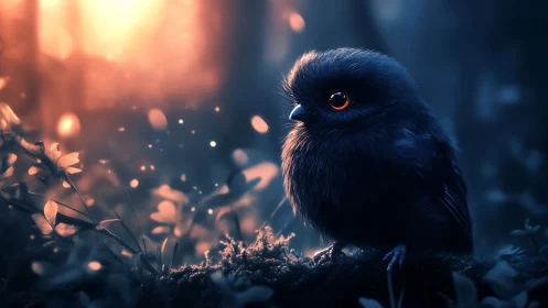 Nocturnal fantasy bird under glowing forest bokeh light.