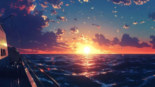 Sunset horizon over open sea from ship deck view.