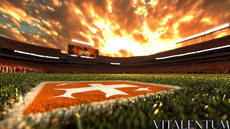 Sunlit football end zone logo under dramatic stadium sky.