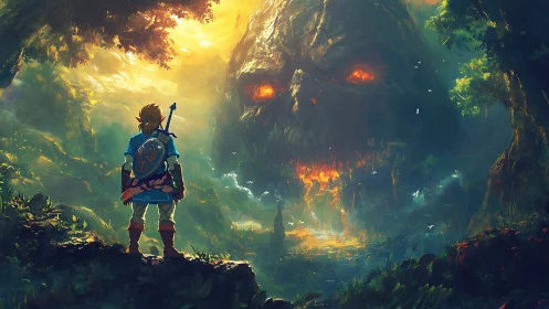 Lone forest warrior confronting a molten skull horizon.