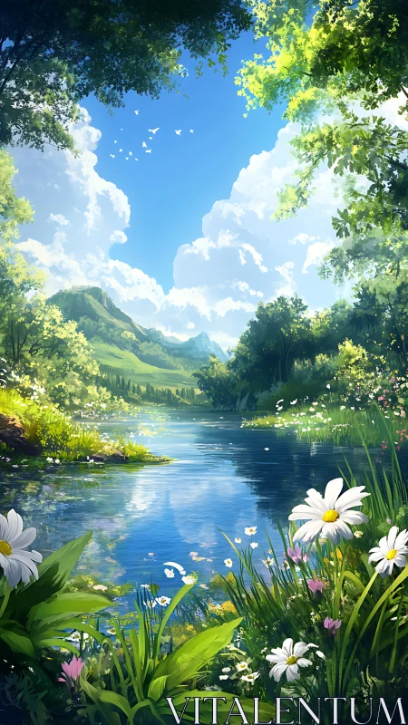 Luminous river valley with atmospheric depth and floral foreground.
