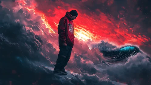 Solitary hooded figure above storm clouds and cosmic vortex