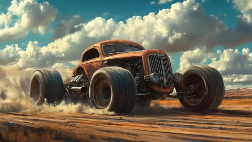 Desert-optimized rat rod with oversized off-road traction system.