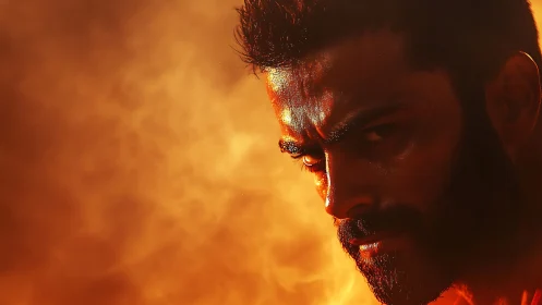 Smoldering glare of a warrior forged in molten dusk.