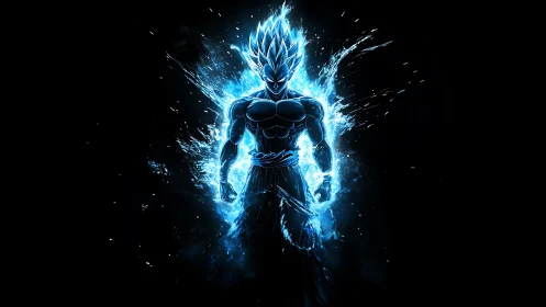 Blue energy anime warrior silhouette on black background.