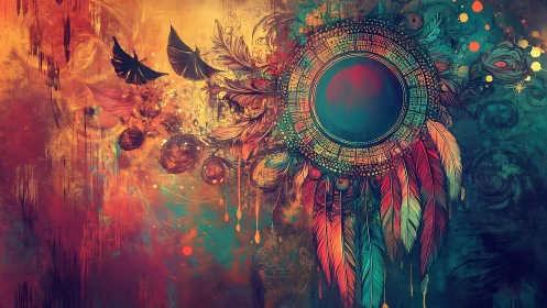 Circular abstract emblem with feathers against blended field.