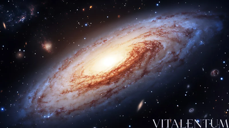 Spiral galaxy ignites cosmic dusk with molten starlight glow.