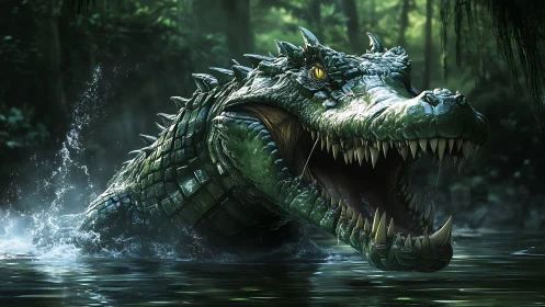 Giant crocodile bursts from jungle river with jaws wide open