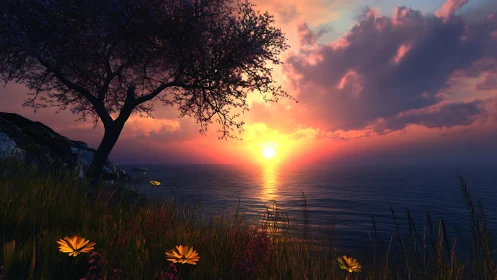 Digital seaside sunset with silhouetted tree and flowers.