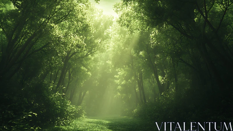 Verdant canopy tunnel bathed in ethereal sunlight.