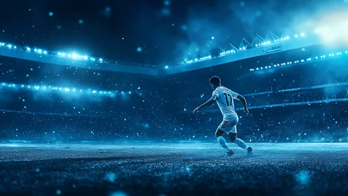 Icy stadium floodlights crown a lone striker in blue haze