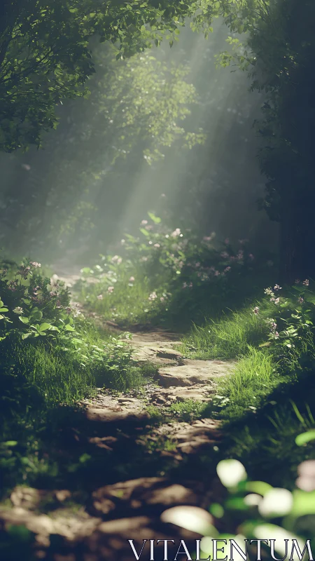 Sunlit forest path whispers softly through green shadows