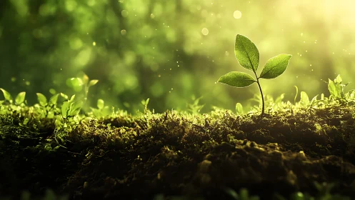 Young Plant Sprouting in Sunlit Forest, Nature Macro Photography.