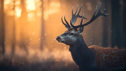 Stag with antlers standing in softly lit forest at dusk.