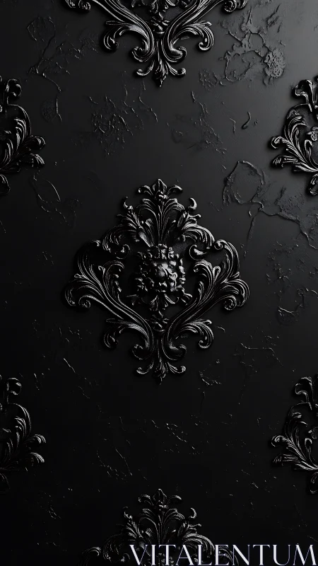 Baroque midnight flourishes in glossy black relief patterns.