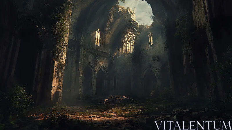 Gothic nave ruins with volumetric light and invasive flora.