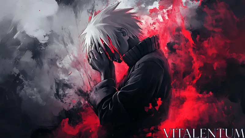 Monochrome figure in red smoke with obscured face profile.