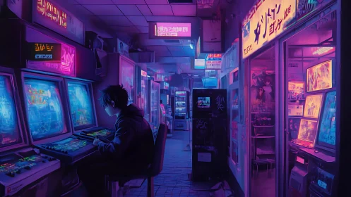 Neon-lit arcade gamer in cyberpunk city interior at night.