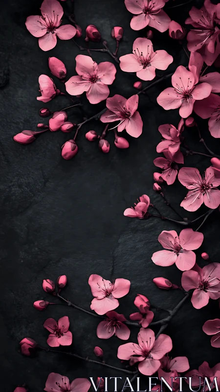 Pink Cherry Blossoms Against Dark Textured Surface.