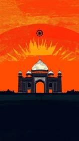 Indian monument silhouette under bold orange sunrise.