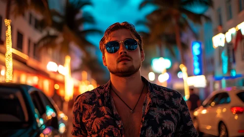 Neon-lit street portrait isolates subject with shallow depth of field