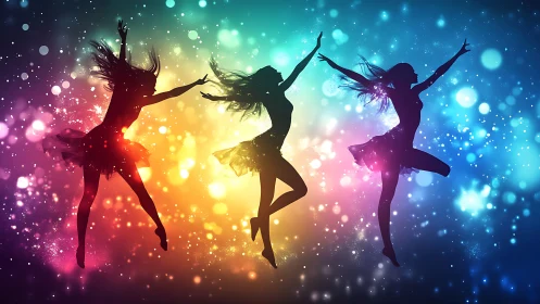 Silhouetted dancers leap across multicolor bokeh gradient field