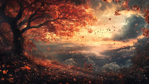 Golden autumn hillside at sunset with drifting leaves.