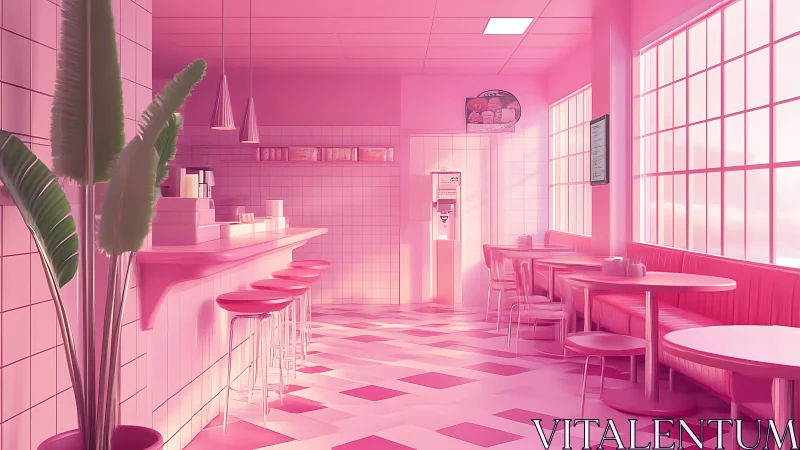 Monochrome pink retro diner interior with tiled counter and booths