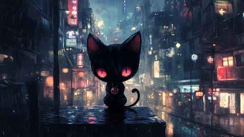 Black cat with glowing eyes in neon soaked rainy city