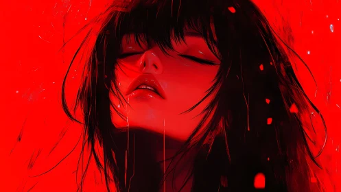 Crimson-lit woman in ecstasy-drenched digital portrait.