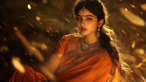 Golden dusk muse in saffron silk and jeweled radiance.