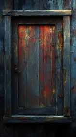 Weathered wooden door with rusted lock and peeling paint.