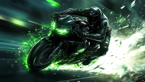 Neon green superbike racer carving dynamic light trail.