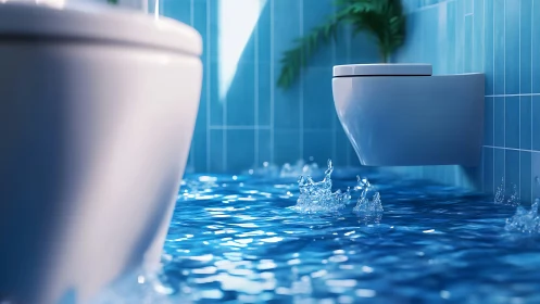 Modern blue bathroom floods as water ripples dramatically.
