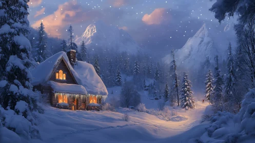 Digital painting of alpine cabin in luminous winter dusk.