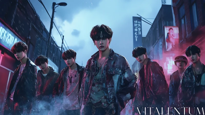 Moody street crew glowing under neon city rainlight.