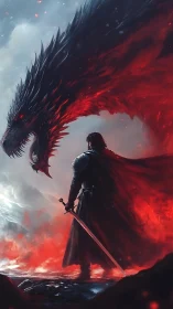 Knight and ember dragon in a storm of fire and frost.