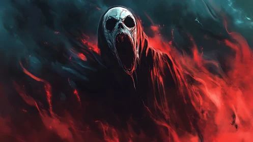 Hooded skeletal figure in red and teal smoke field.