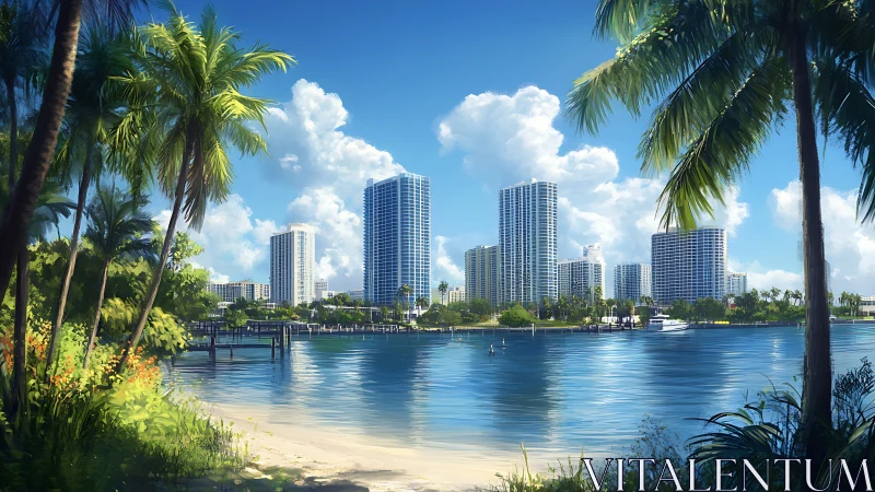 Palm-framed city lagoon basking in crystalline coastal light.