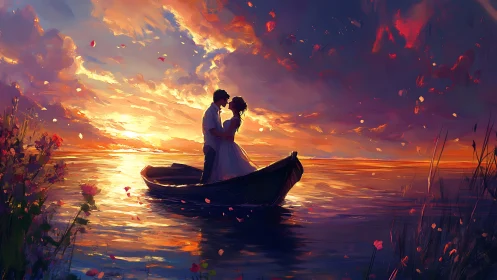 Two figures in boat during dramatic orange sunset over water